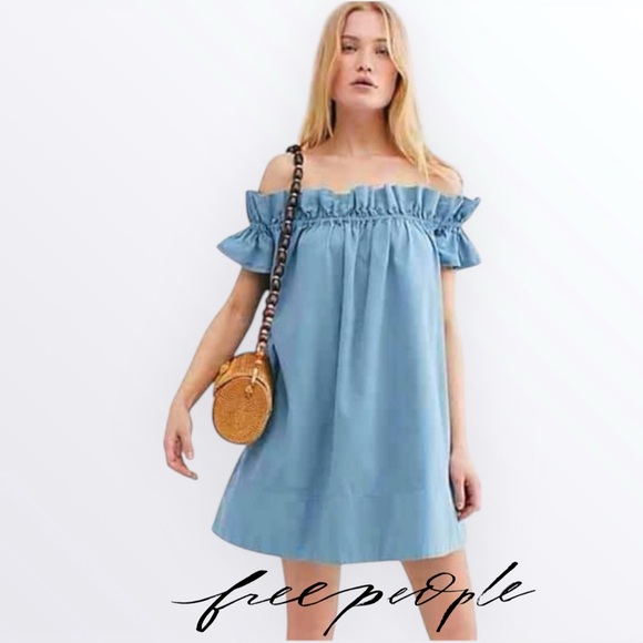 FREE PEOPLE Sophie Off Shoulder Boho Western Shirt Dress Light Blue RARE Sz. S - Picture 1 of 13